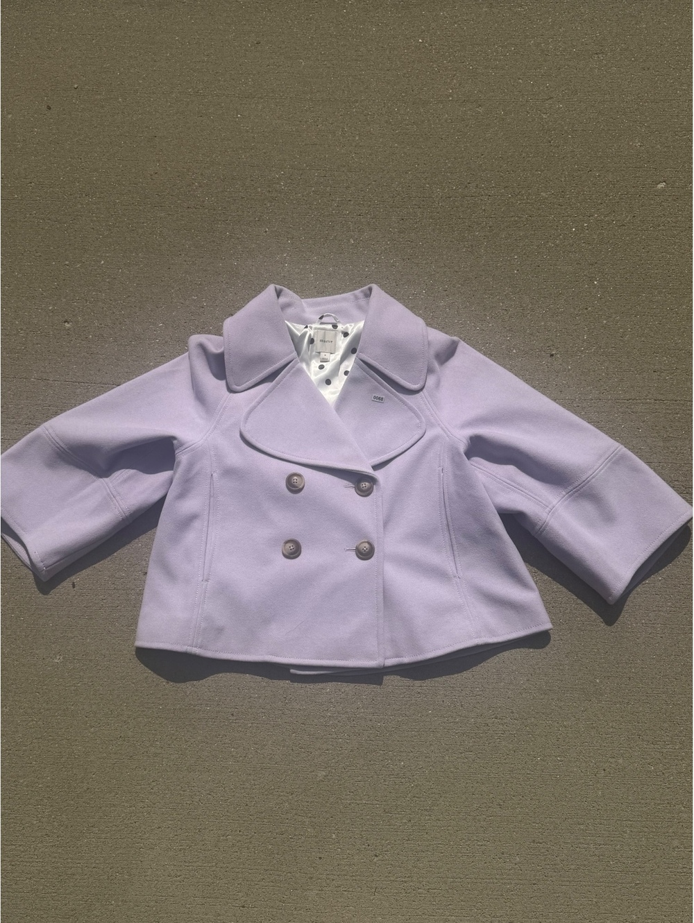 Maeve Lavender Double-Breasted Pea Coat with Polka Dot Lining, Size M